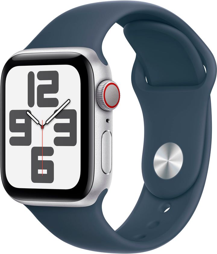 Apple Watch SE (GPS + Cellular) 40mm Silver Aluminum Case with Storm Blue Sport Band - M/L - Silver_0