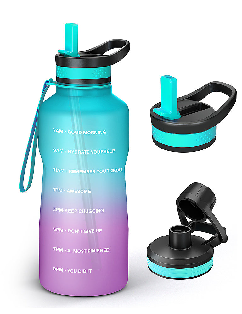 Buzio - Motivational Water Bottle with 2 Lids  64oz - Green/Purple Gradient_0