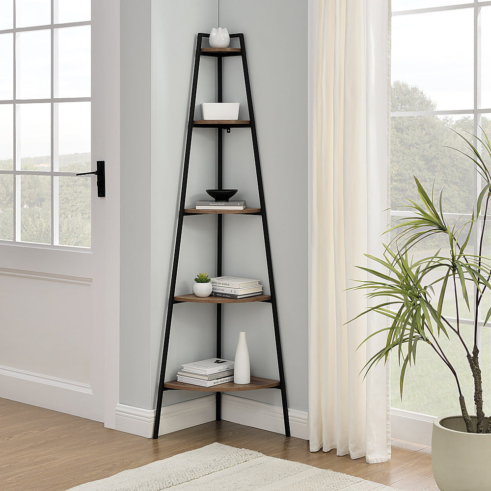 Walker Edison - Modern Metal and Wood Corner Bookshelf - Rustic Oak_10