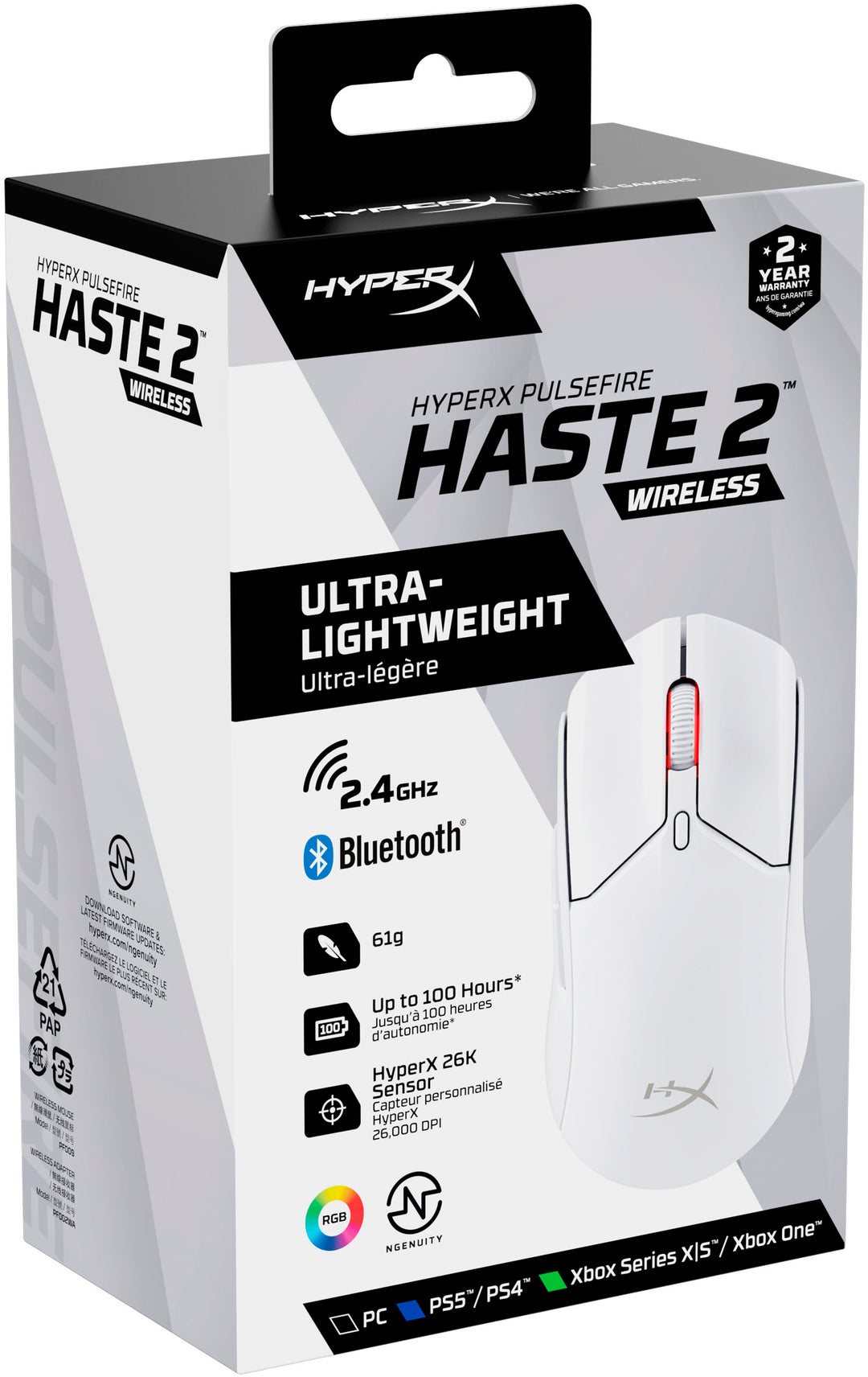 HyperX - Pulsefire Haste 2 Lightweight Wireless Optical Gaming Mouse with RGB Lighting - White_4