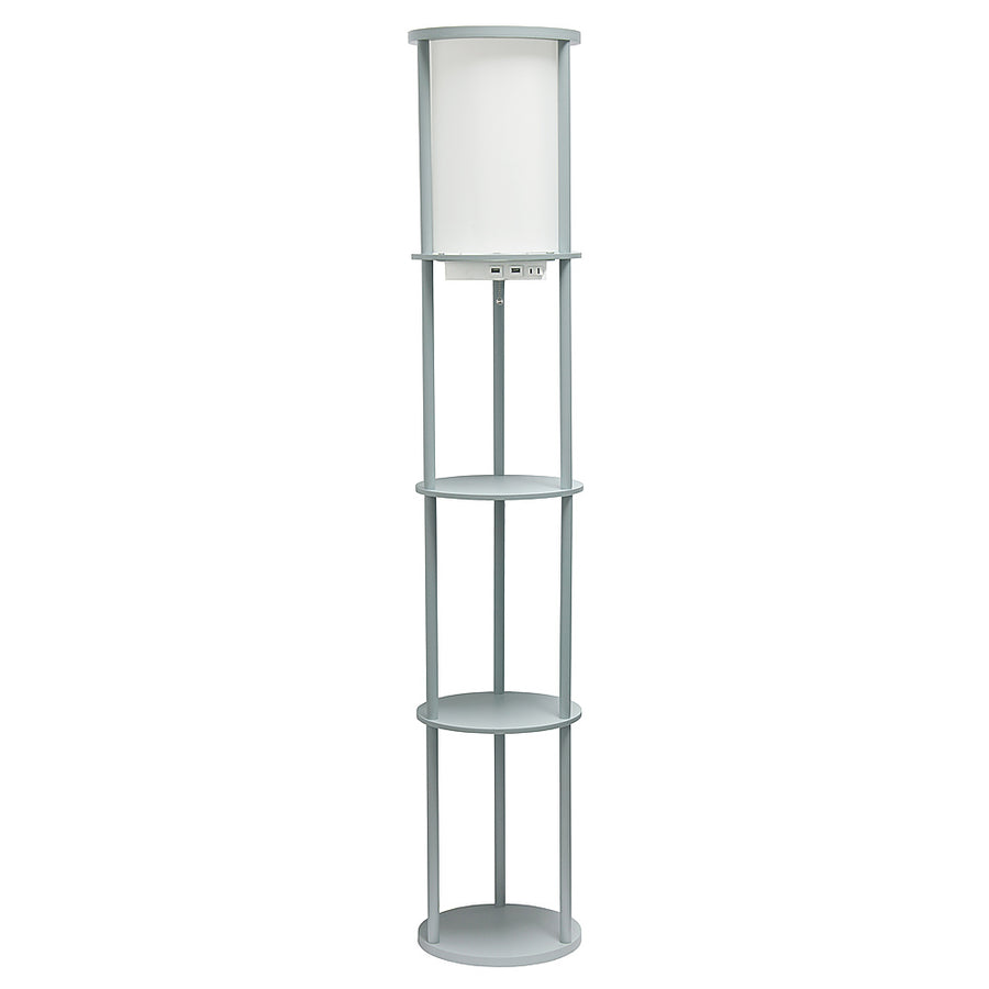 Simple Designs Round Etagere Storage Floor Lamp with 2 USB, 1 Outlet - Gray_0