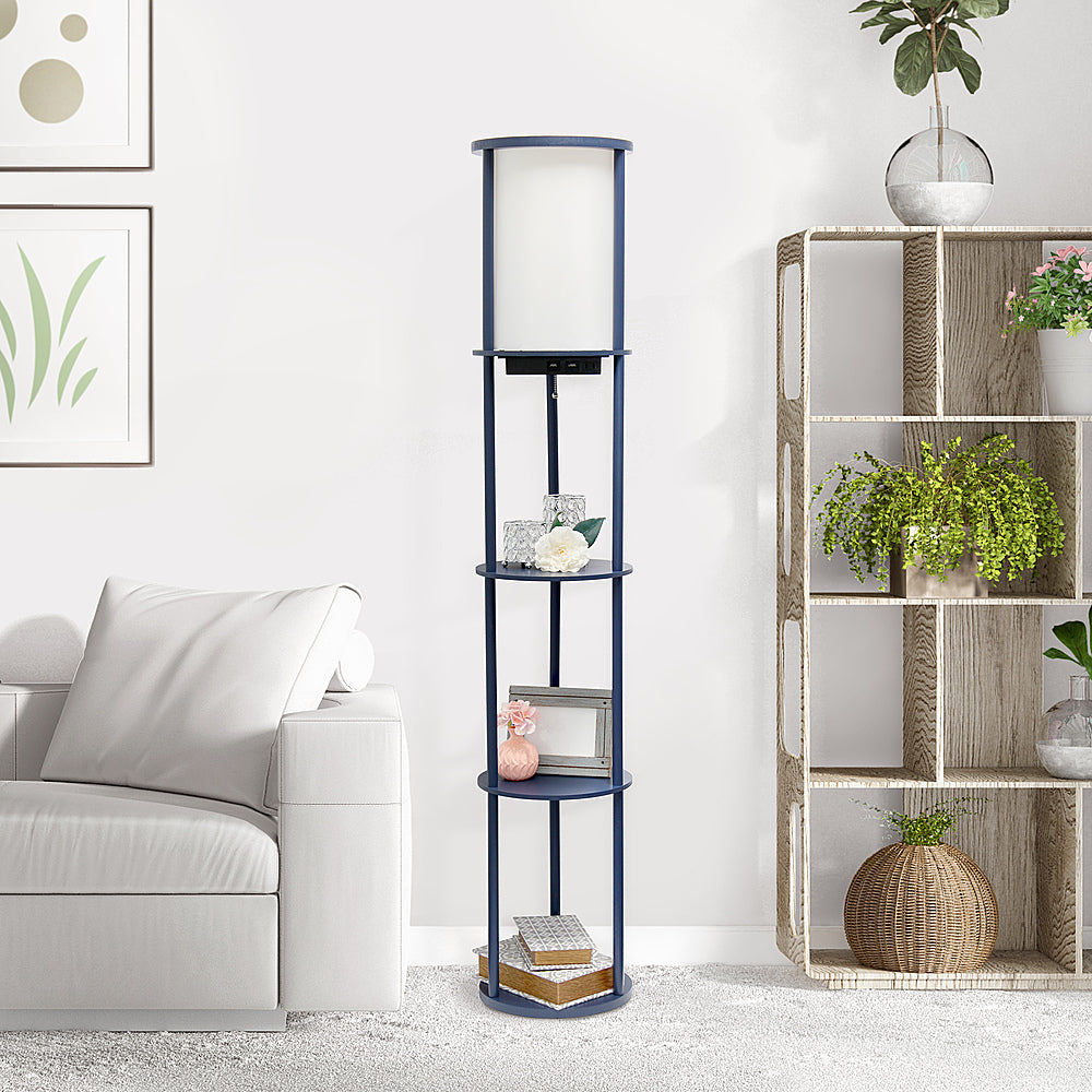 Simple Designs Round Etagere Storage Floor Lamp with 2 USB, 1 Outlet - Navy_12