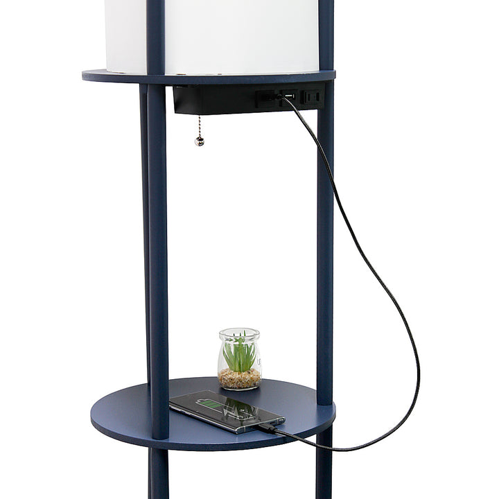 Simple Designs Round Etagere Storage Floor Lamp with 2 USB, 1 Outlet - Navy_10