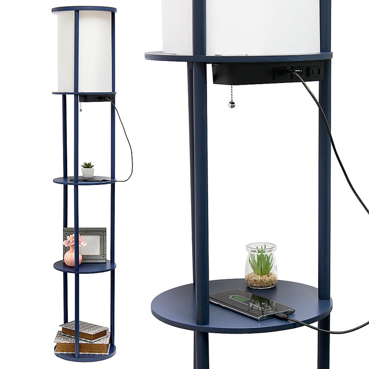 Simple Designs Round Etagere Storage Floor Lamp with 2 USB, 1 Outlet - Navy_5