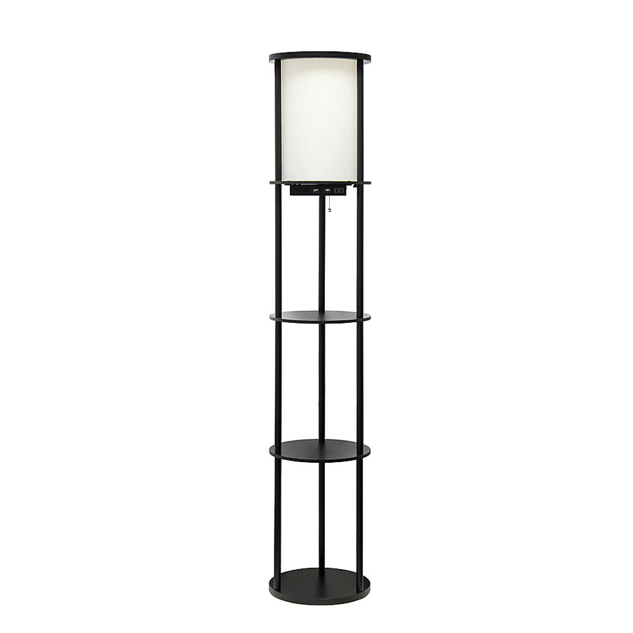 Simple Designs Round Etagere Storage Floor Lamp with 2 USB, 1 Outlet - Black_0