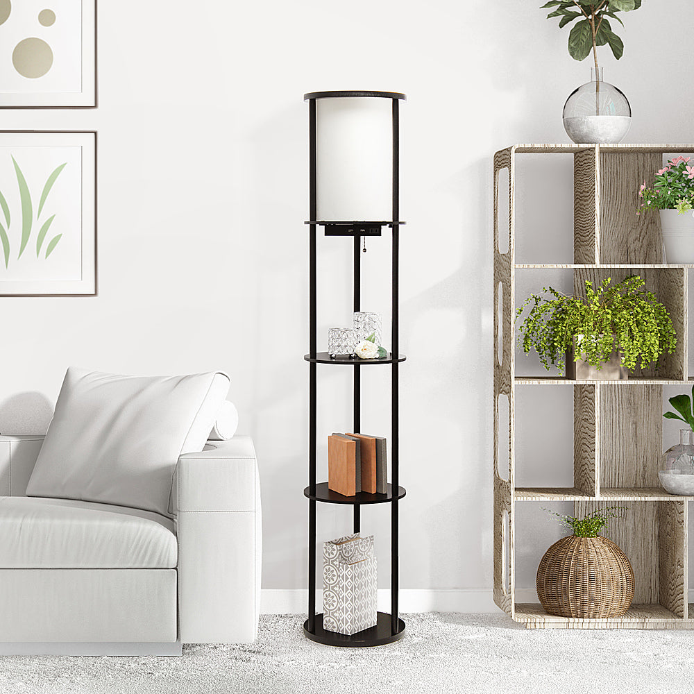 Simple Designs Round Etagere Storage Floor Lamp with 2 USB, 1 Outlet - Black_14