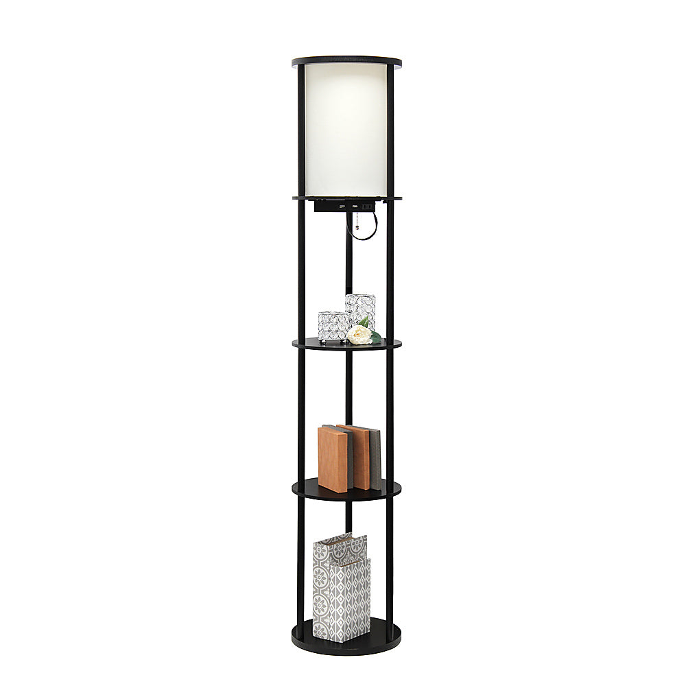 Simple Designs Round Etagere Storage Floor Lamp with 2 USB, 1 Outlet - Black_11
