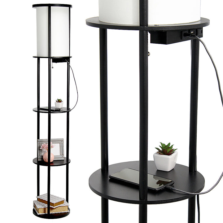 Simple Designs Round Etagere Storage Floor Lamp with 2 USB, 1 Outlet - Black_7