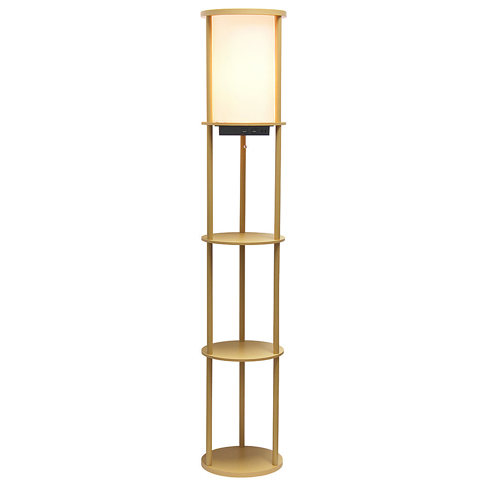 Simple Designs Round Etagere Storage Floor Lamp with 2 USB, 1 Outlet - Tan_1