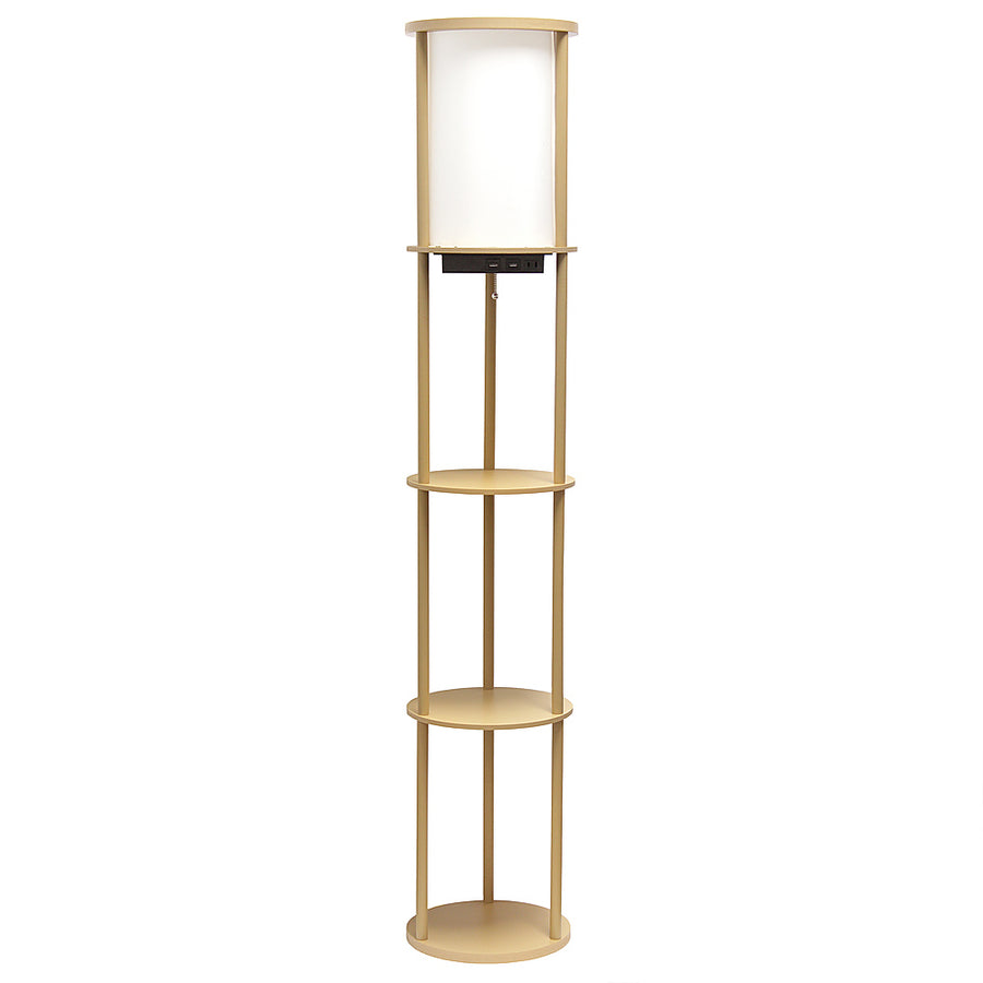 Simple Designs Round Etagere Storage Floor Lamp with 2 USB, 1 Outlet - Tan_0
