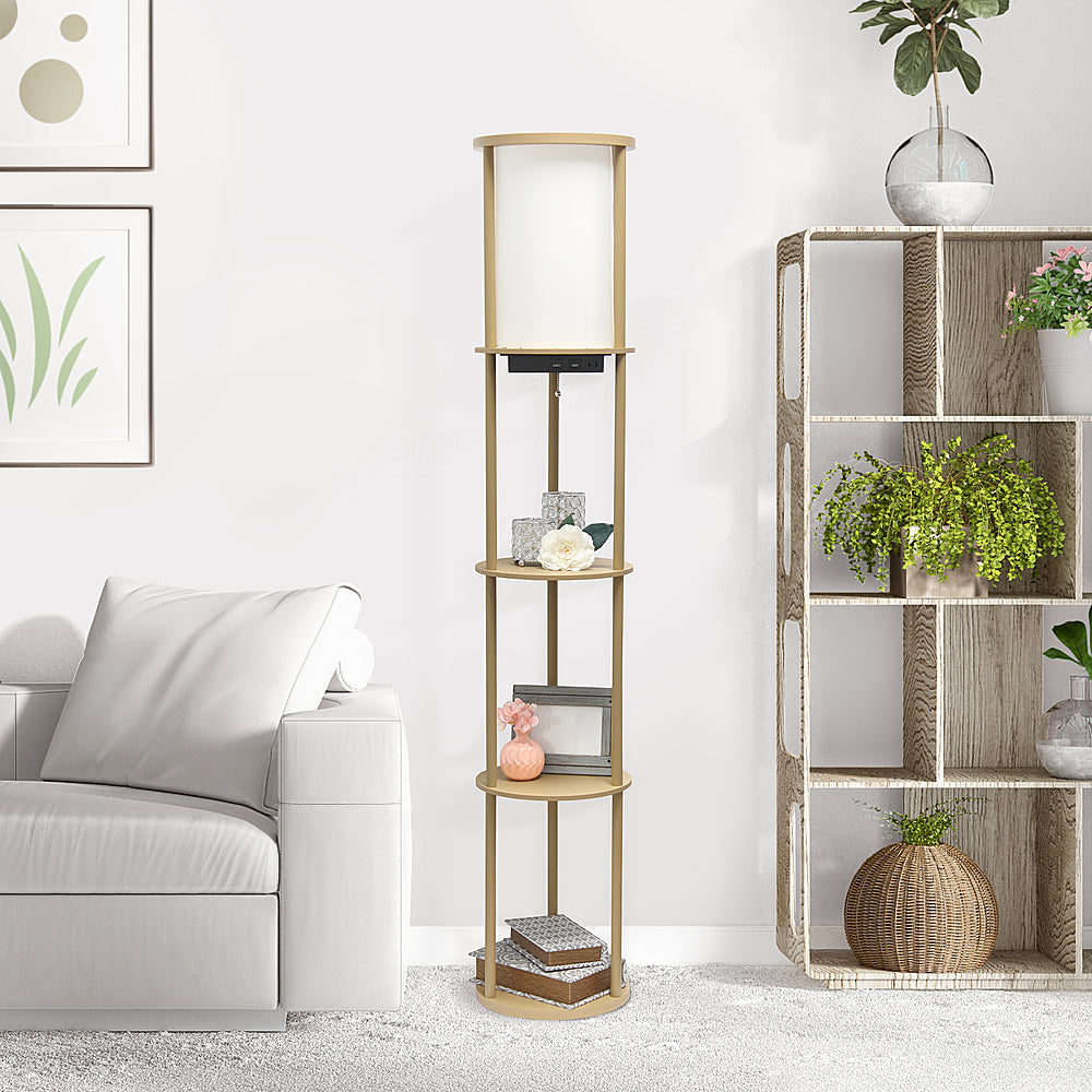 Simple Designs Round Etagere Storage Floor Lamp with 2 USB, 1 Outlet - Tan_13