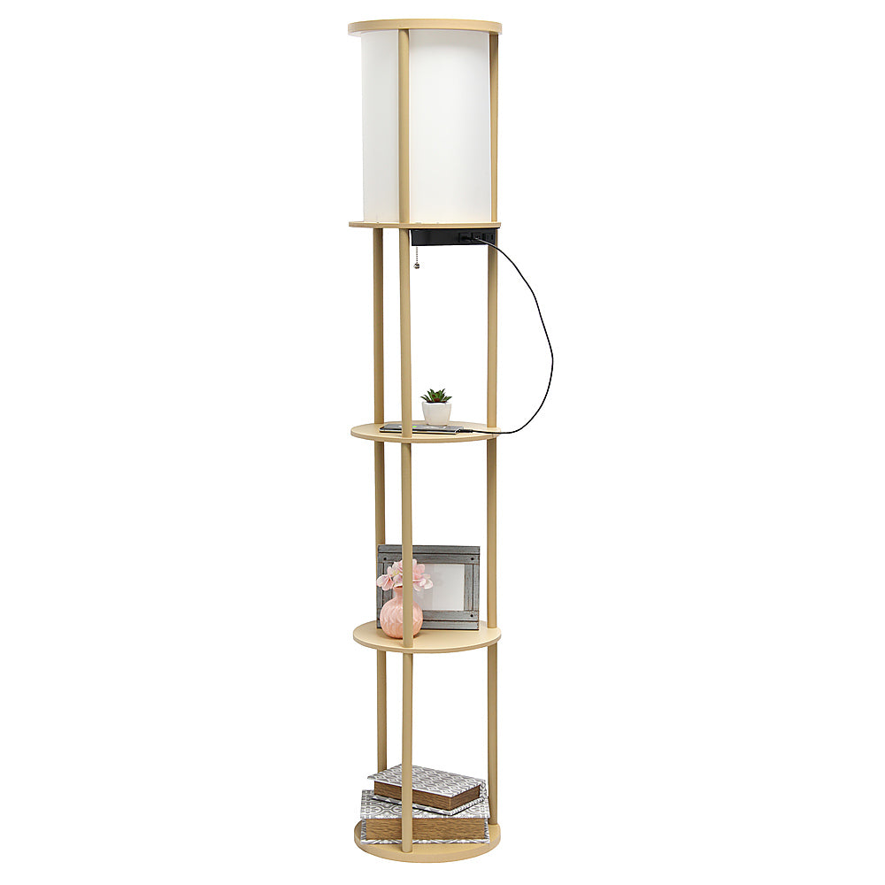 Simple Designs Round Etagere Storage Floor Lamp with 2 USB, 1 Outlet - Tan_11