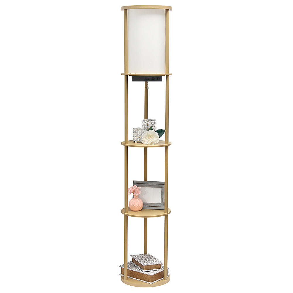 Simple Designs Round Etagere Storage Floor Lamp with 2 USB, 1 Outlet - Tan_10