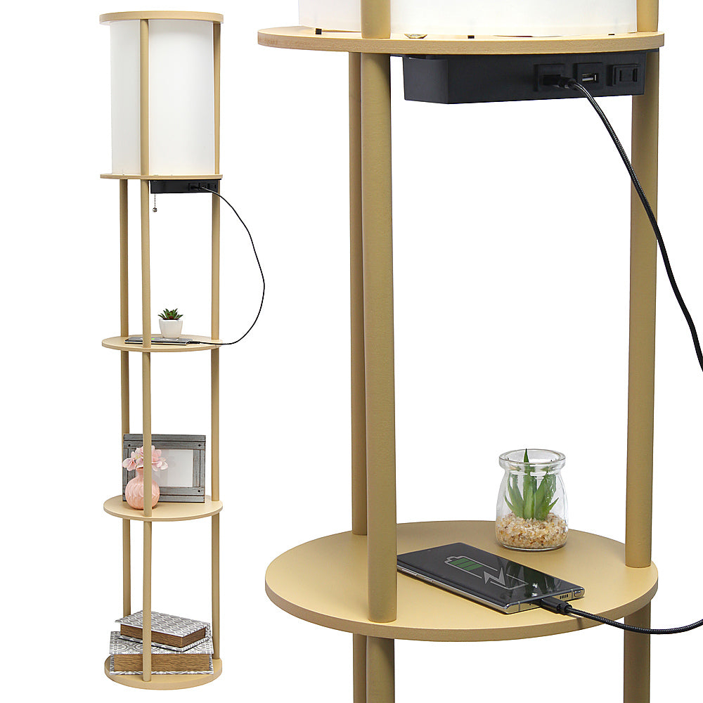 Simple Designs Round Etagere Storage Floor Lamp with 2 USB, 1 Outlet - Tan_6