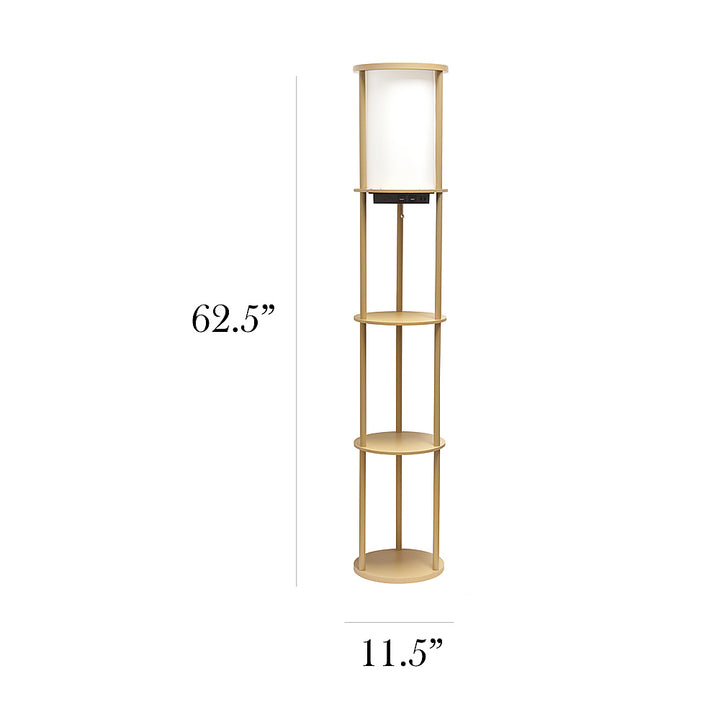 Simple Designs Round Etagere Storage Floor Lamp with 2 USB, 1 Outlet - Tan_2