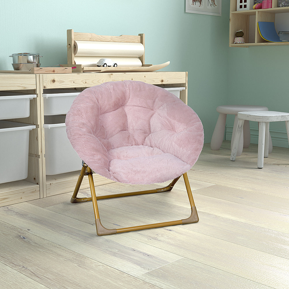 Flash Furniture - Kids Folding Faux Fur Saucer Chair for Playroom or Bedroom - Blush/Soft Gold_8