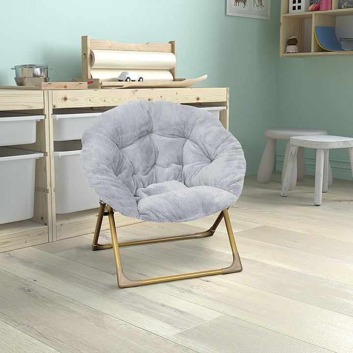 Flash Furniture - Kids Folding Faux Fur Saucer Chair for Playroom or Bedroom - Gray/Soft Gold_9