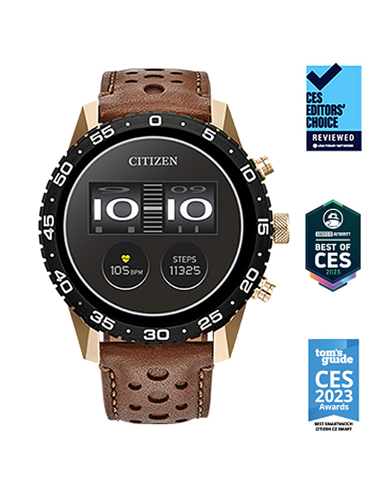 Citizen - CZ Smart 45mm Unisex IP Stainless Steel Sport Smartwatch with Perforated Leather Strap - Gold_1