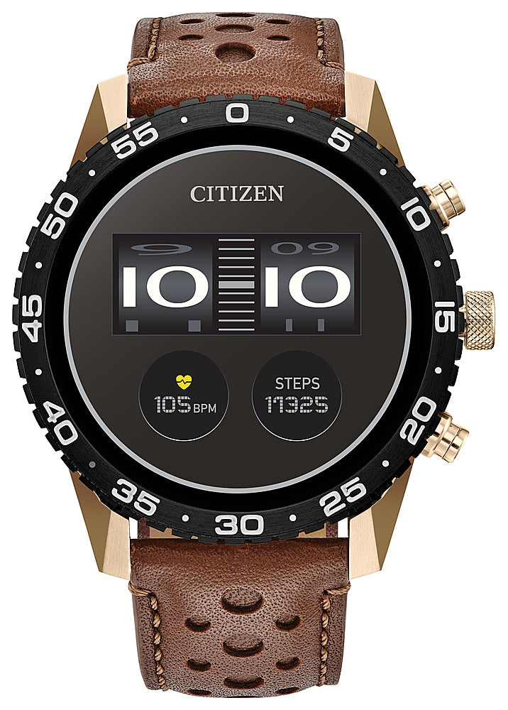 Citizen - CZ Smart 45mm Unisex IP Stainless Steel Sport Smartwatch with Perforated Leather Strap - Gold_0