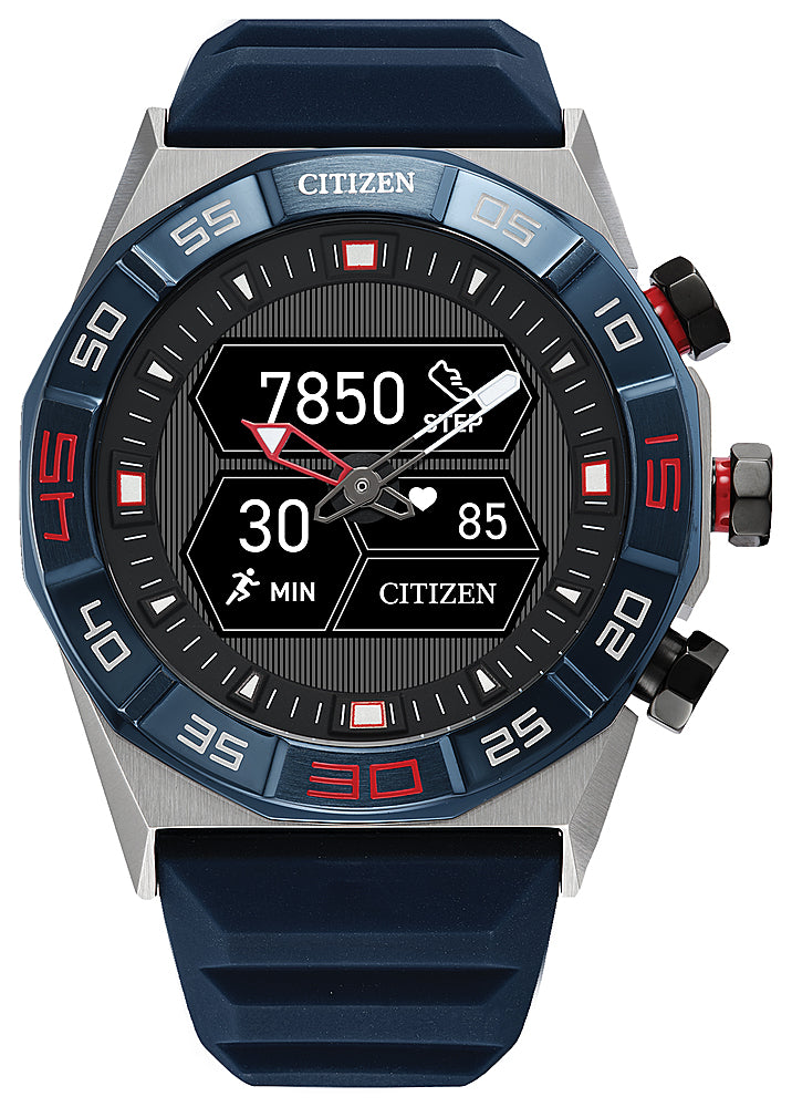 Citizen - CZ Smart 44Mmm Unisex Stainless Steel Hybrid Sport Smartwatch with Silicone Strap - Blue & Silver_0