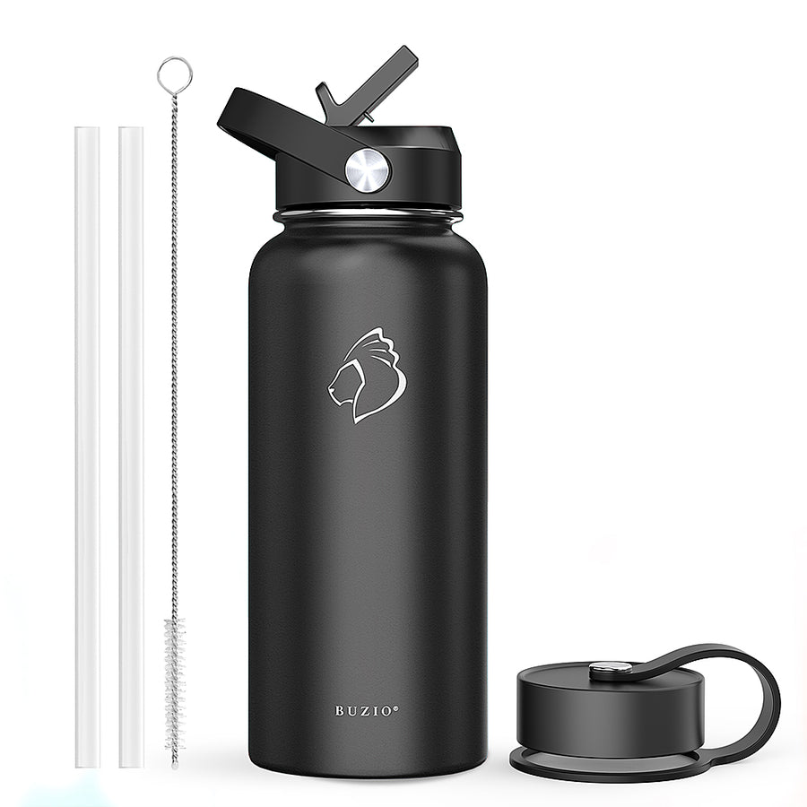 Buzio - Duet Series Insulated 32oz Water Bottle with Straw Lid and Flex Lid - Black_0
