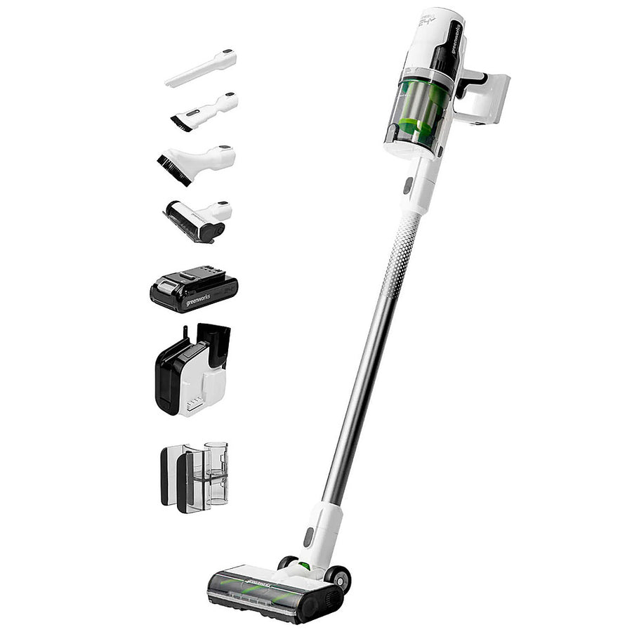 Greenworks - 24-Volt Stick Vacuum with 4ah Battery, Attachments, & Charger - White_0