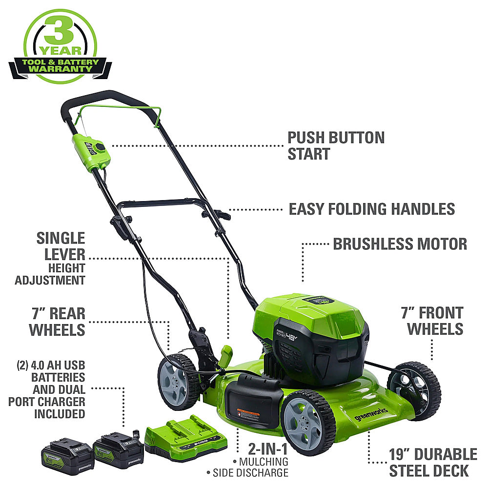 Greenworks - 48V (2x24V) 19" Cordless Battery Lawn Mower w/ Two (2) 4.0Ah Batteries & Dual Port Rapid Charger - Green_1