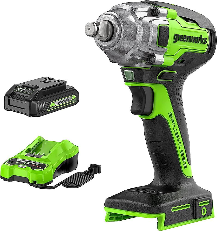 Greenworks - 24 Volt 1/2” Brushless Cordless Impact Wrench with 2.0 Ah Battery and Charger - Green_0