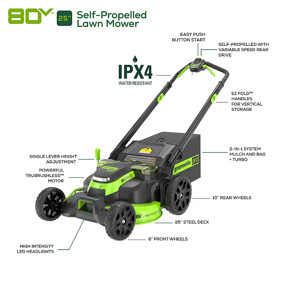 Greenworks - 80 Volt 25" Dual Blade Cordless Self-Propelled Lawn Mower (Battery & Charger Not Included) - Green_1