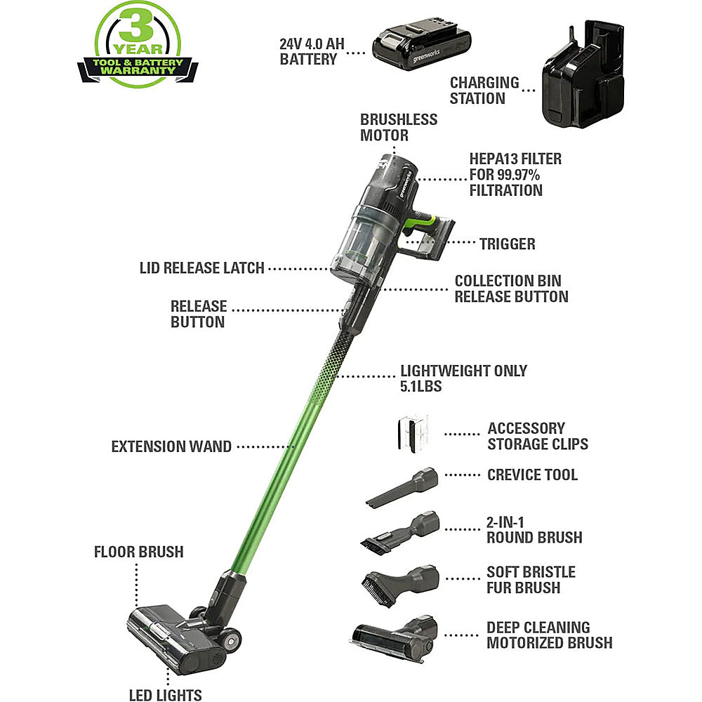 Greenworks - 24-Volt Stick Vacuum with 4ah Battery, Attachments, & Charger - Green_1