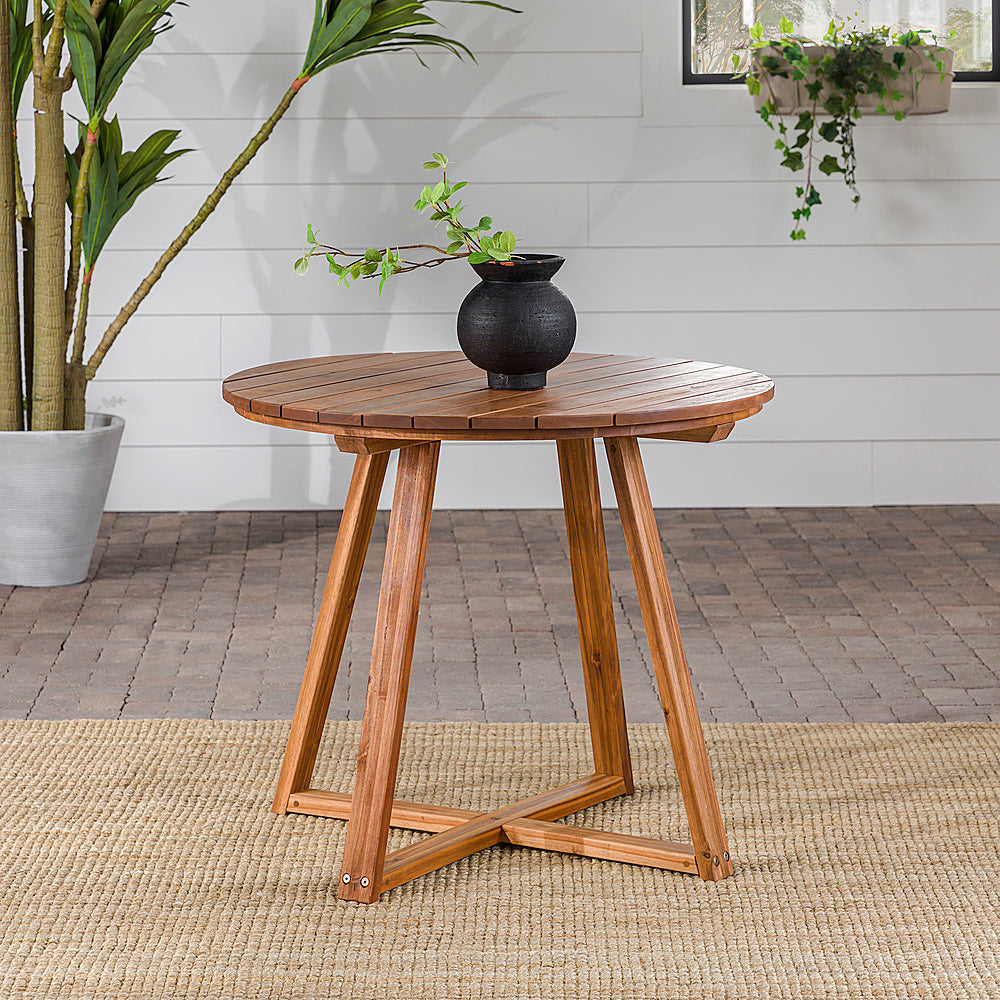 Walker Edison - Modern Solid Acacia Wood Round Outdoor Dining Table - Brown_8
