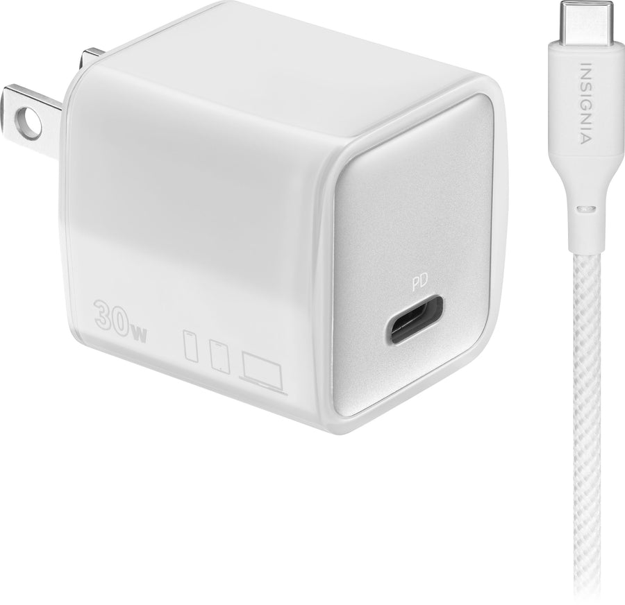 Insignia™ - 30W USB-C Foldable Compact Wall Charger Bundle with 6’ USB-C to C cable for Smartphones, Tablets and More - White_0