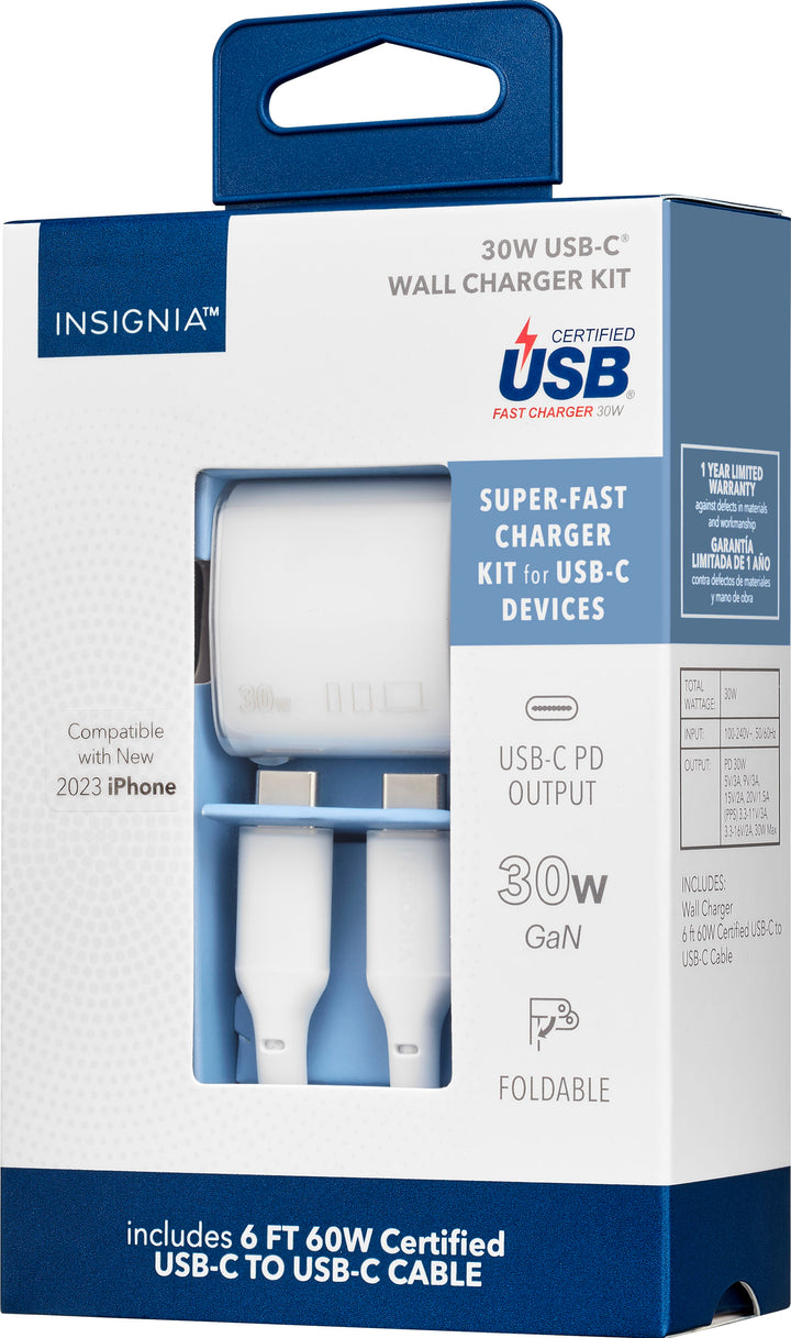 Insignia™ - 30W USB-C Foldable Compact Wall Charger Bundle with 6’ USB-C to C cable for Smartphones, Tablets and More - White_3