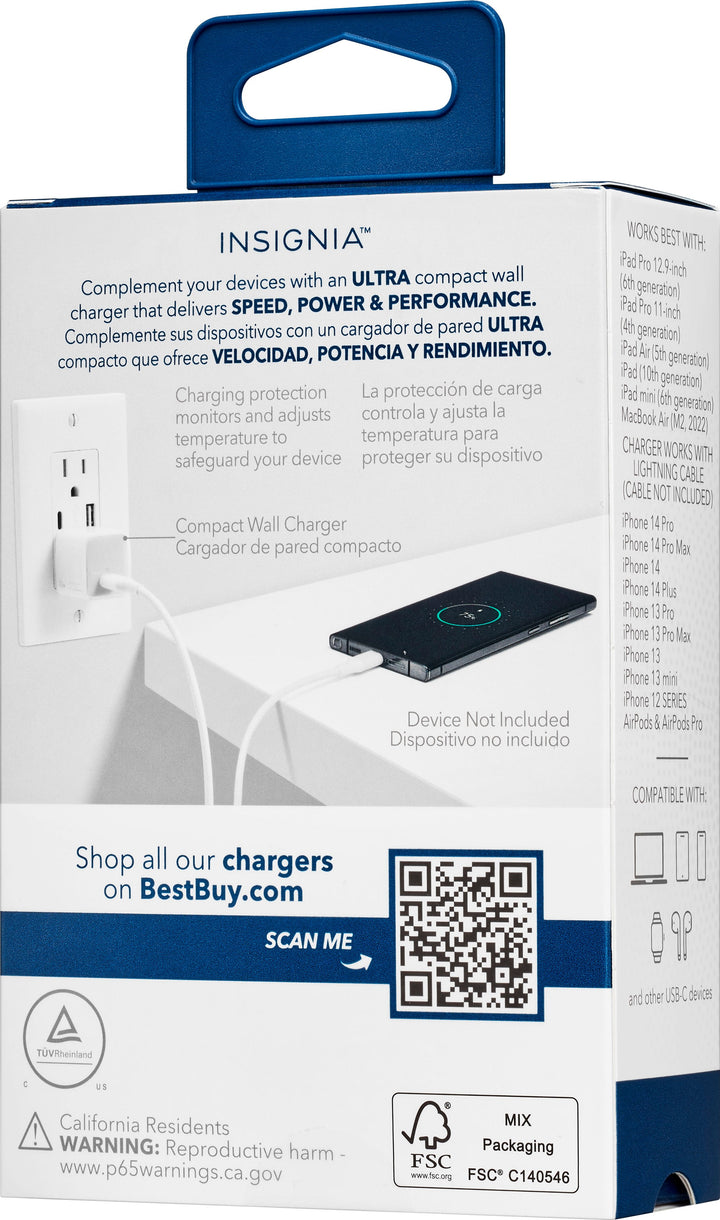 Insignia™ - 30W USB-C Foldable Compact Wall Charger Bundle with 6’ USB-C to C cable for Smartphones, Tablets and More - White_2