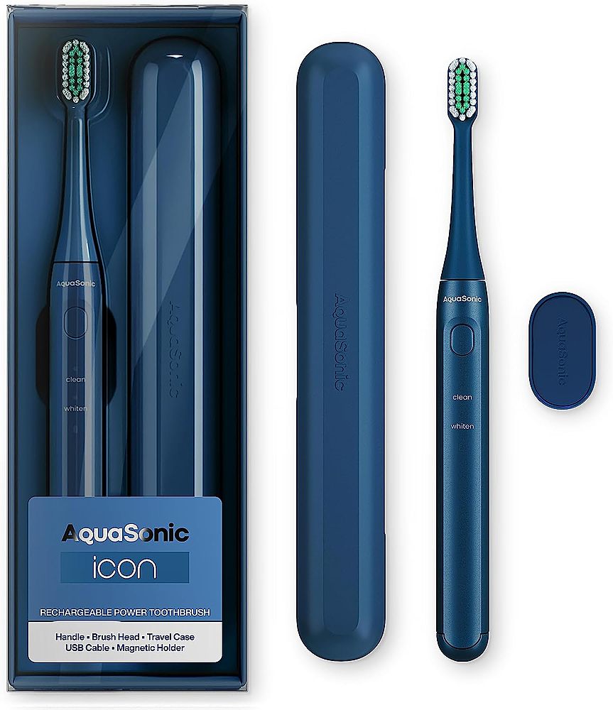AquaSonic Icon Rechargeable Power Toothbrush | Magnetic Holder & Slim Travel Case - Navy - Navy_0