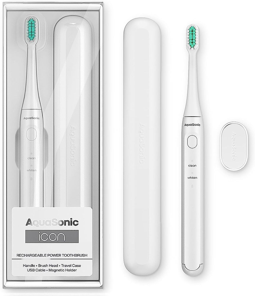 AquaSonic Icon Rechargeable Power Toothbrush | Magnetic Holder & Slim Travel Case - Optic White - white_0