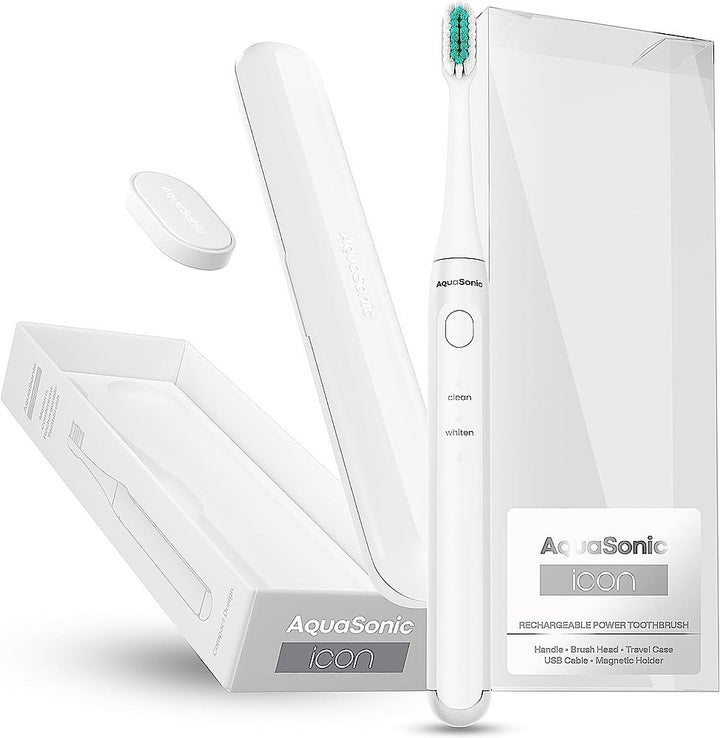 AquaSonic Icon Rechargeable Power Toothbrush | Magnetic Holder & Slim Travel Case - Optic White - white_2