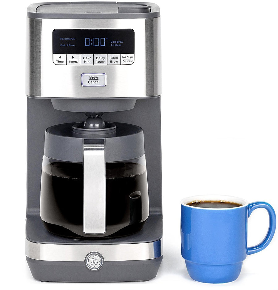 GE - 12 Cup Programmable Coffee Maker with Adjustable Keep Warm Plate and Glass Carafe - Stainless Steel_0