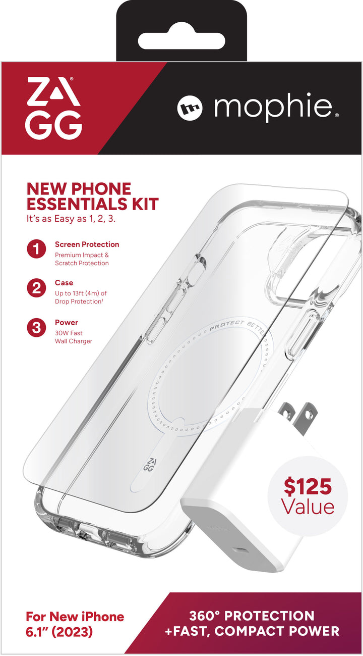ZAGG - mophie New Phone Essentials Kit: 360 Protection + Fast, Compact Power for Apple iPhone 15 - Clear/White_0