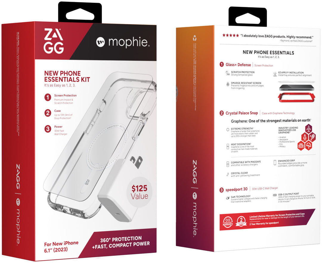 ZAGG - mophie New Phone Essentials Kit: 360 Protection + Fast, Compact Power for Apple iPhone 15 - Clear/White_1