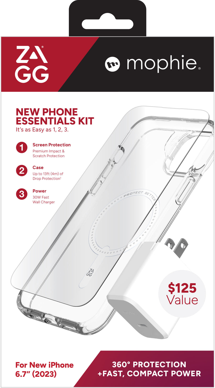 ZAGG - mophie New Phone Essentials Kit: 360 Protection + Fast, Compact Power for Apple iPhone 15 Plus - Clear/White_0