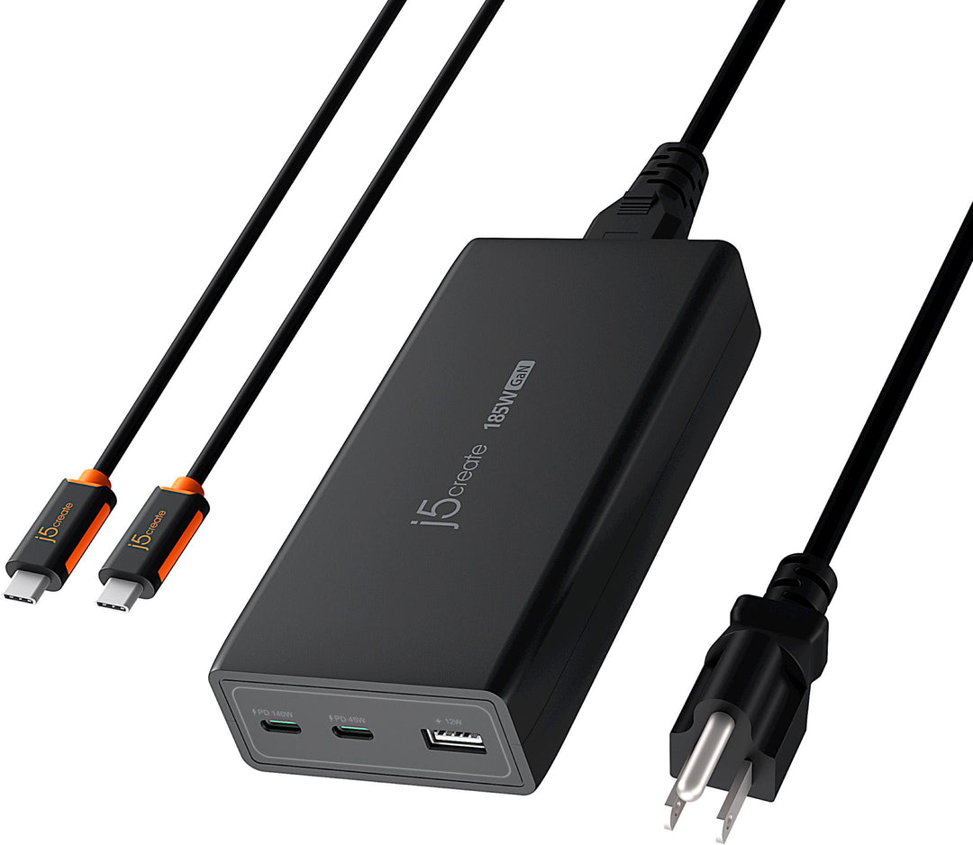 j5create - 185W GaN PD3.1 USB-C 3-Port Laptop Super Charger - Black_0