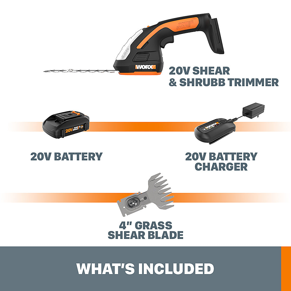 Worx WG801 20V Power Share Cordless 4" Shear and 8" Shrubber Trimmer (Battery & Charger Included) - Black_5
