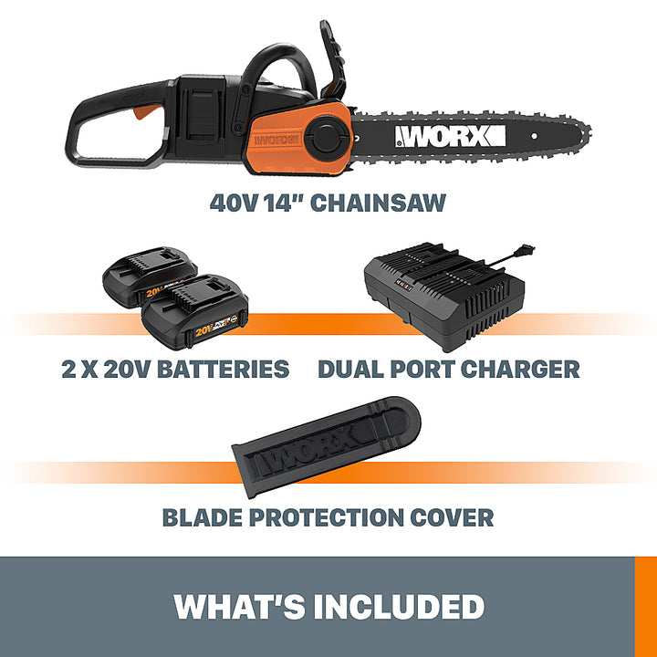 Worx WG384 40V Power Share 14" Cordless Chainsaw w/ Auto-Tension (2x20V) (Two 2.0Ah Batteries & Charger Included) - Black_6