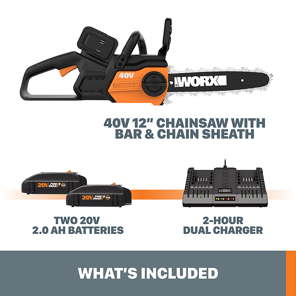 Worx WG381 40V Power Share 12" Cordless Chainsaw w/ Auto Tension (Two Batteries & Charger Included) - Black_5
