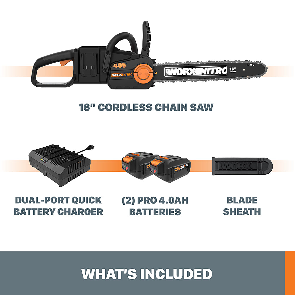 Worx WG385 Nitro 40V Power Share Cordless 16" Chainsaw with Brushless Motor (Two 4Ah Batteries & Charger Included) - Black_6