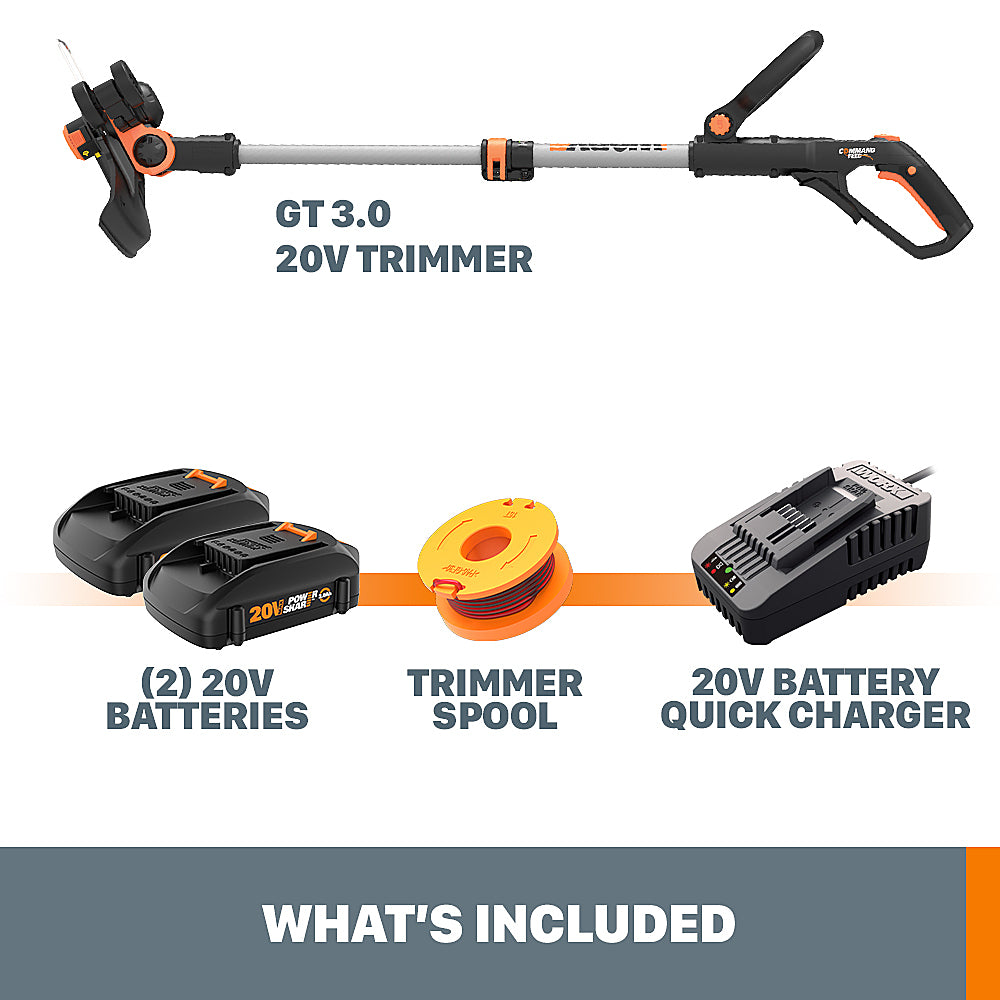 Worx WG163.10 GT 3.0 20V PowerShare 12" Cordless String Trimmer & Edger (Two Batteries & Charger Included) - Orange_6