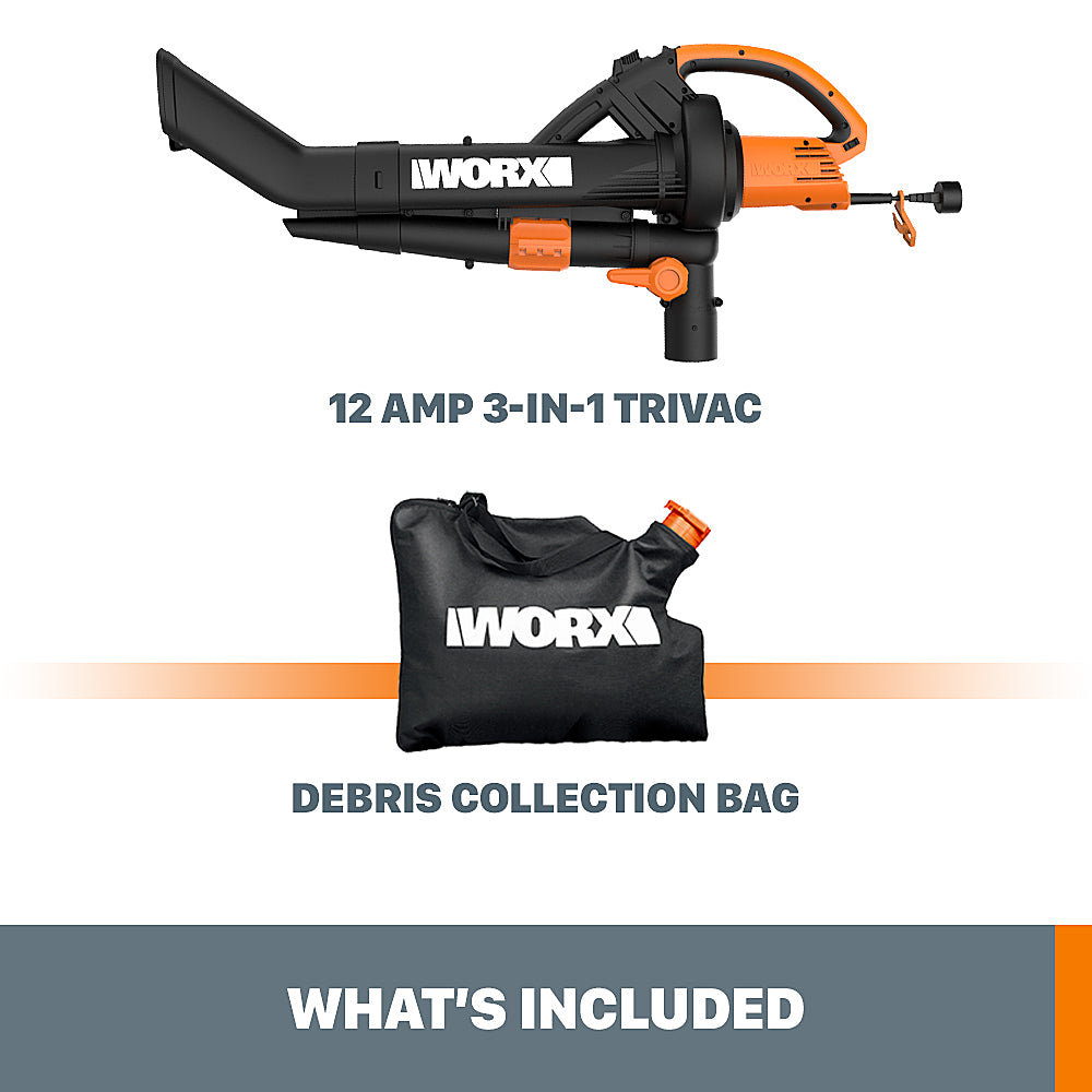 Worx WG509 12 Amp TRIVAC 3-in-1 Electric Leaf Blower with All Metal Mulching System - Black_4