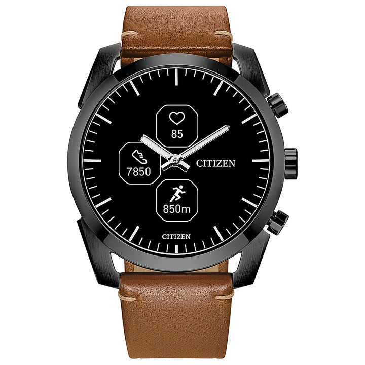 Citizen - CZ Smart Unisex Hybrid 42.5mm Grey IP Stainless Steel Smartwatch with Camel Leather Strap_0