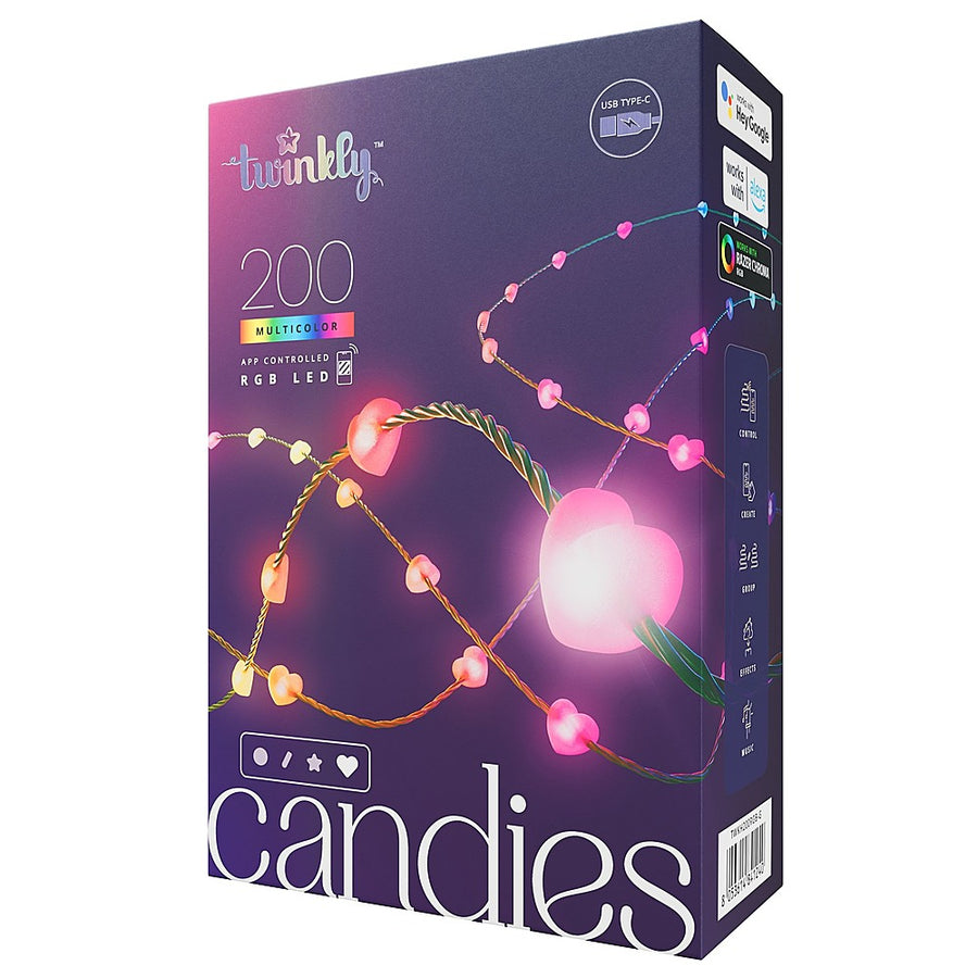 Twinkly Candies Heart Shaped 200 RGB LED Smart Light String Green Wire USB-C - Multicolor_0
